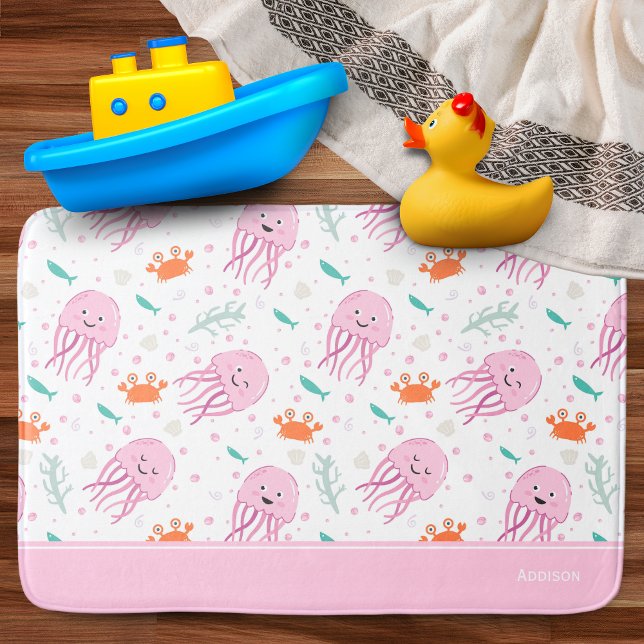 Little Girls Pink Ocean Jellyfish and Crab Pattern Bath Mat (Creator Uploaded)