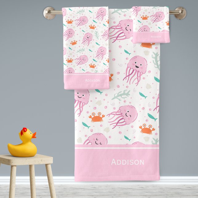 Little Girls Pink Ocean Jellyfish and Crab Pattern Bath Towel Set (Creator Uploaded)
