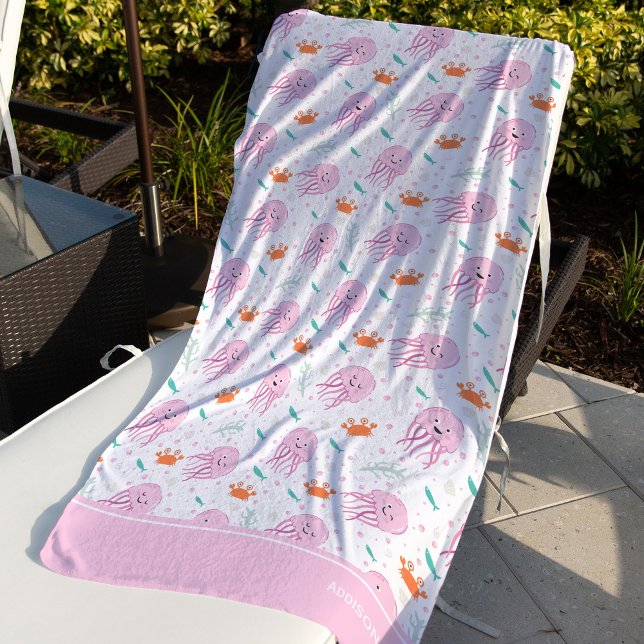 Little Girls Pink Ocean Jellyfish and Crab Pattern Beach Towel (Creator Uploaded)