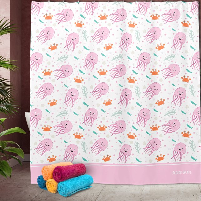 Little Girls Pink Ocean Jellyfish and Crab Pattern Shower Curtain (Creator Uploaded)