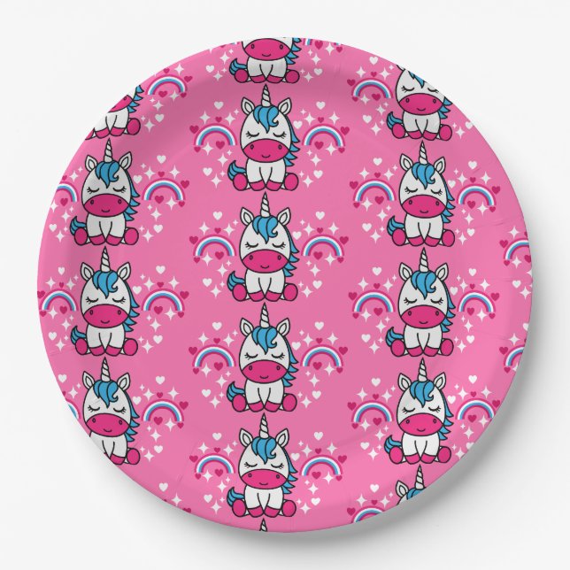 Little Girls Pink Rainbow Unicorn Paper Plate (Front)