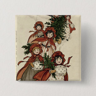 Little Girls with Holly and the Christmas Tree 15 Cm Square Badge