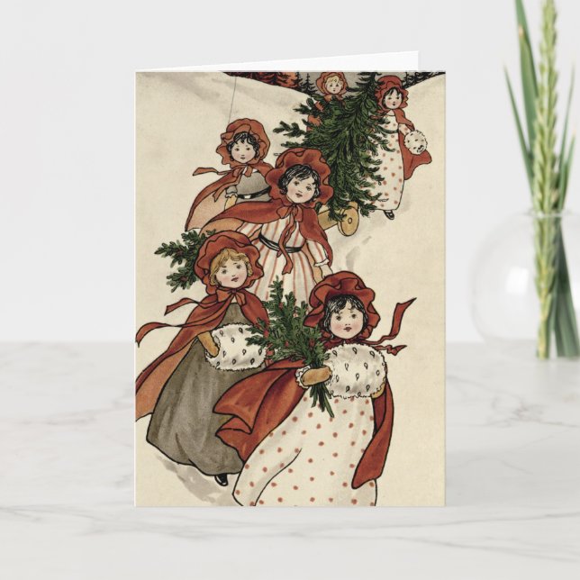 Little Girls with Holly and the Christmas Tree Holiday Card (Front)