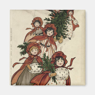 Little Girls with Holly and the Christmas Tree Magnet