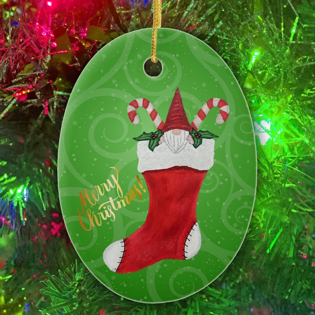 Little Gnome Candy Canes Merry Christmas Stocking Ceramic Ornament (Little gnome in red Stocking candy canes on oval green Merry Christmas ornament)