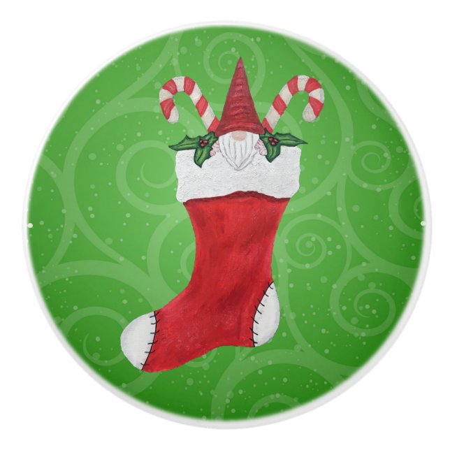 Little Gnome in Christmas Stocking Green Swirls Ceramic Knob (Front)