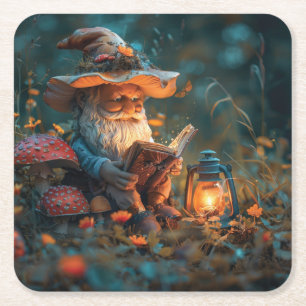 Little gnome reading a book square paper coaster