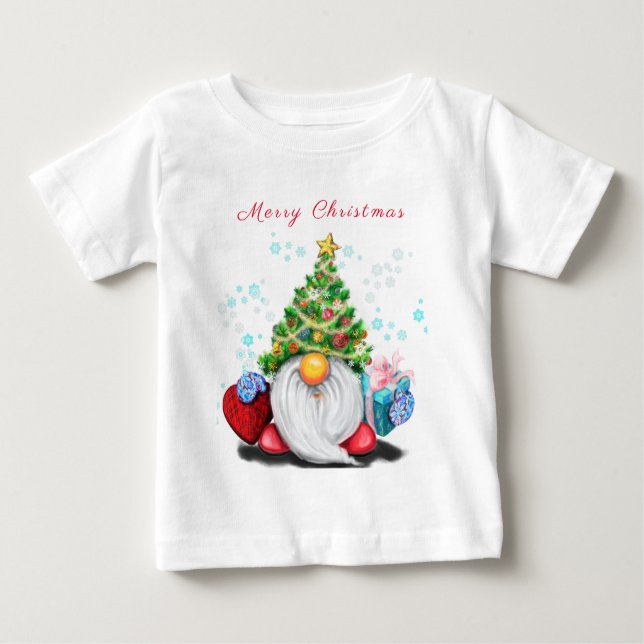 Little Gnome with Christmas Tree Hat and Gift Fun Baby T-Shirt (Front)