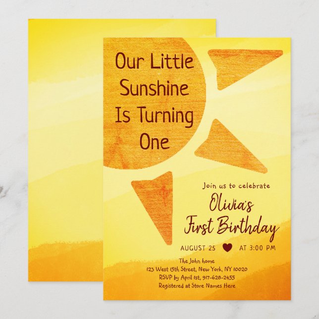 Little Gold Sunshine Modern Boho Birthday Invitation (Front/Back)