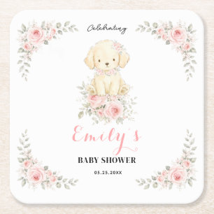 Little Golden Girl Baby Shower Floral Puppy Square Paper Coaster