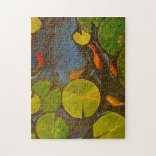 Little Goldfish Koi in Pond with Lily Pads Jigsaw Puzzle