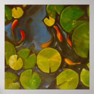 Little Goldfish Koi in Pond with Lily Pads Poster