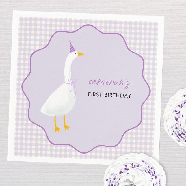 Little Goose Gingham First 1st Birthday Napkin (Personalized Little Goose lilac gingham first birthday party paper napkins)
