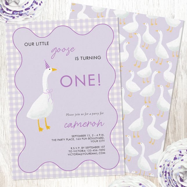 Little Goose Gingham First 1st Birthday Party Invitation (Little Goose geese themed first 1st birthday party invitation with wavy frame and ginghame check)