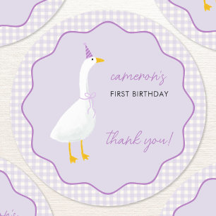 Little Goose Gingham First 1st Birthday Thank You Classic Round Sticker