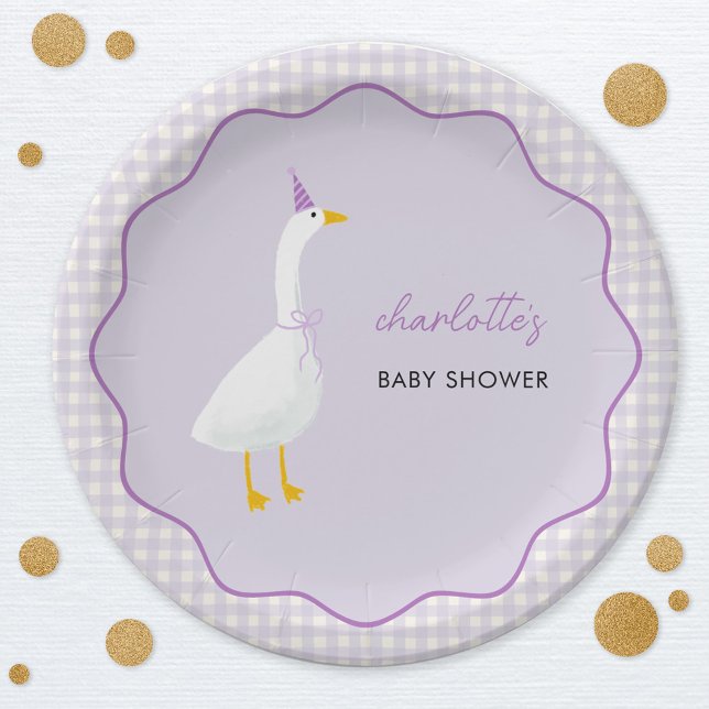 Little Goose Lilac Gingham Baby Shower Paper Plate (Little Goose geese themed personalized baby shower paper plates with lilac pastel gingham)