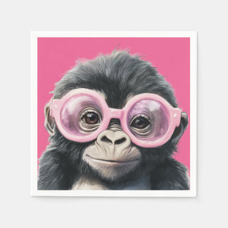 Little Gorilla with Pink Glasses - Pink Background Napkin