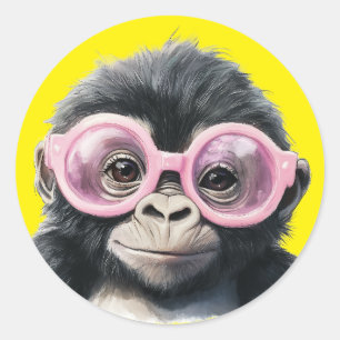 Little Gorilla with Pink Glasses Yellow Background Classic Round Sticker