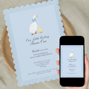 Little gosling illustration baby first birthday invitation