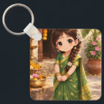 Little Grace in Green Key Ring<br><div class="desc">This heartwarming illustration captures the innocence and charm of a young girl dressed in a traditional green saree, beautifully detailed with golden patterns. Her tiny figure, soft smile, and delicate braid adorned with flowers reflect purity, joy, and the simplicity of childhood wrapped in cultural elegance. Set against a warm, sunlit...</div>