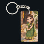 Little Grace in Green Key Ring<br><div class="desc">This heartwarming illustration captures the innocence and charm of a young girl dressed in a traditional green saree, beautifully detailed with golden patterns. Her tiny figure, soft smile, and delicate braid adorned with flowers reflect purity, joy, and the simplicity of childhood wrapped in cultural elegance. Set against a warm, sunlit...</div>