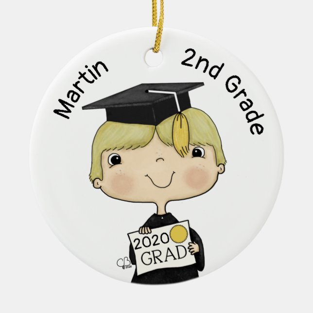 Little Graduate Boy Blonde Hair Ceramic Ornament (Front)