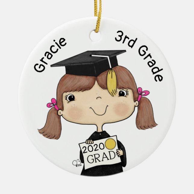 Little Graduate Girl Brown Hair Ceramic Ornament (Front)