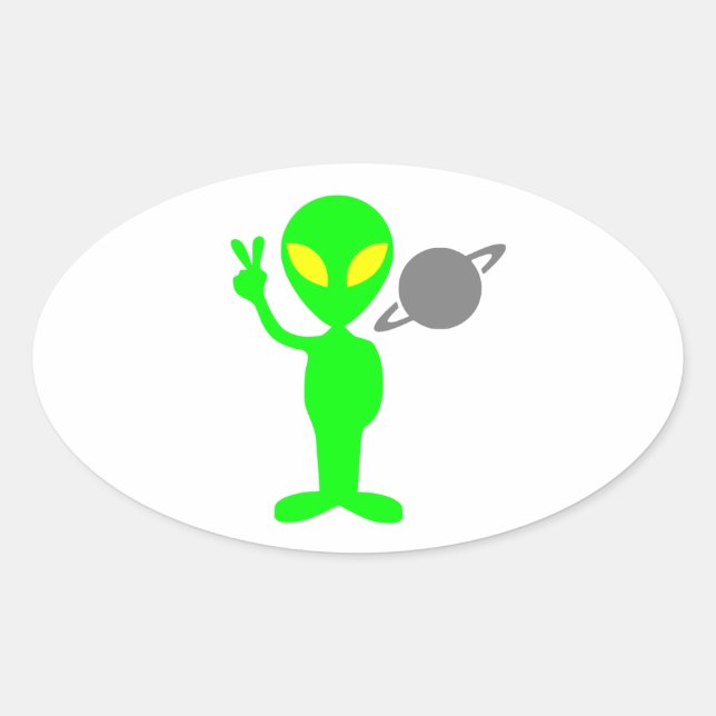 Little Green Alien Next to the Planet Saturn Oval Sticker (Front)