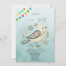 Little Green Bird Floral Birthday Party Invitation