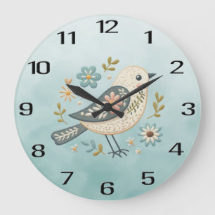 Little Green Bird Floral Wall Clock