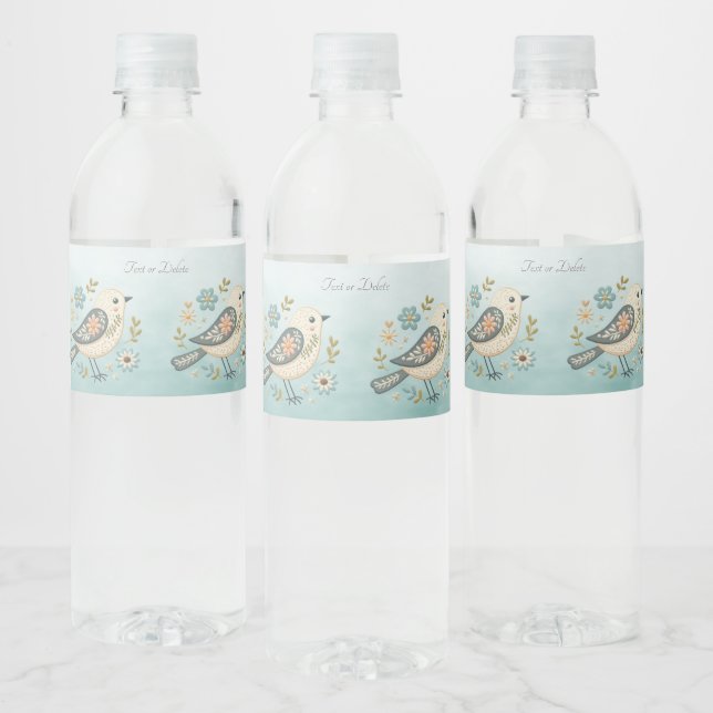 Little Green Bird Floral Water Bottle Label (Bottles)