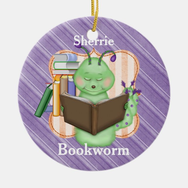 Little Green Bookworm Ceramic Ornament (Front)