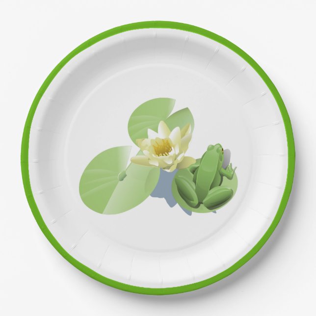 Little Green Frog Sitting on a Lily Pad Paper Plate (Front)