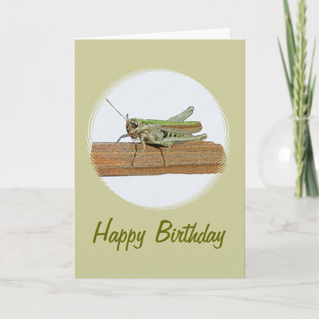 Little Green Grasshopper Cartoon Birthday Card (Front)