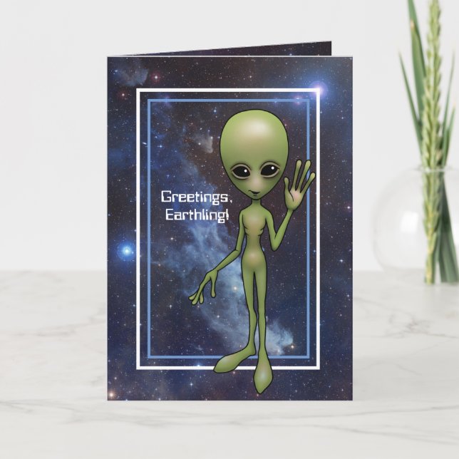 Little Green Man Alien "Greetings, Earthling!" Holiday Card (Front)