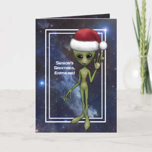 Little Green Man Alien Space Holiday Christmas Card