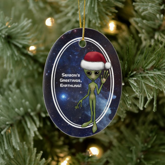Little Green Man Alien Space Holiday Christmas Ceramic Ornament (Tree)