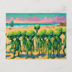 little green men aliens on a beach postcard