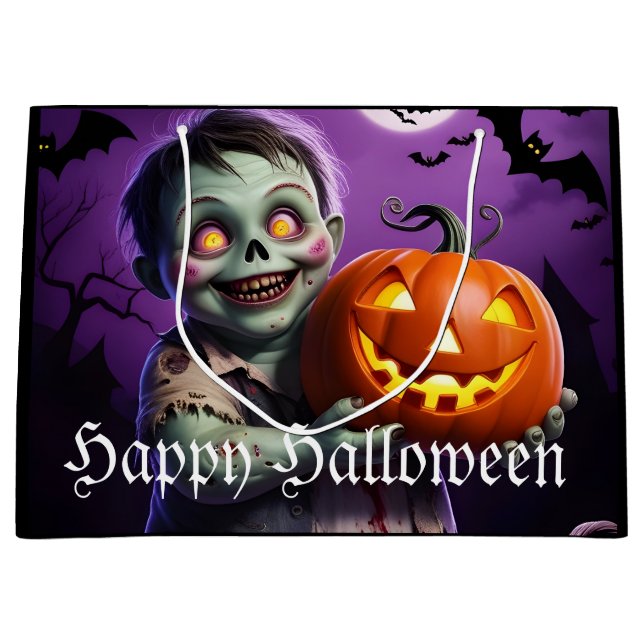 Little Green Monster & Pumpkin Friend  Large Gift Bag (Front)