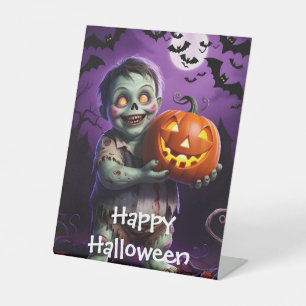 Little Green Monster & Pumpkin Friend Pedestal Sign