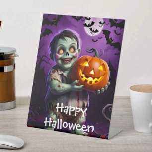 Little Green Monster & Pumpkin Friend Pedestal Sign