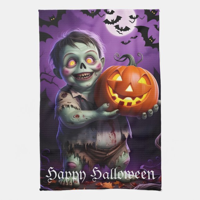 Little Green Monster & Pumpkin Friend  Tea Towel (Vertical)