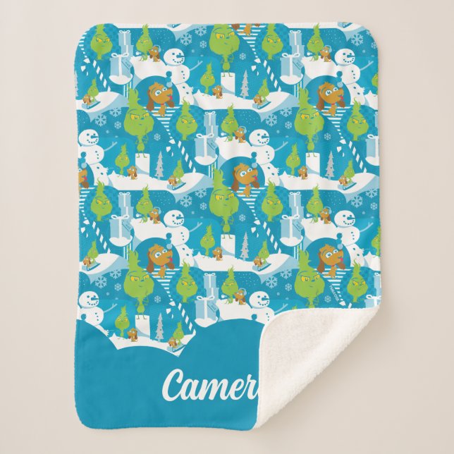 Little Grinch | Merry Grinchmas Teal Pattern Sherpa Blanket (Front)