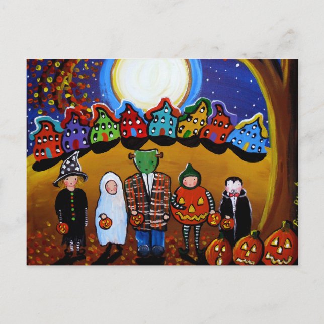 Little Halloween Kids Folk Art Postcard (Front)