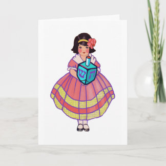 Little Hanukkah Girl with Big Dreidel Holiday Card