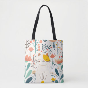Little happy cat and flowers illustration tote bag