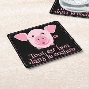 Little happy cute pink pig square paper coaster