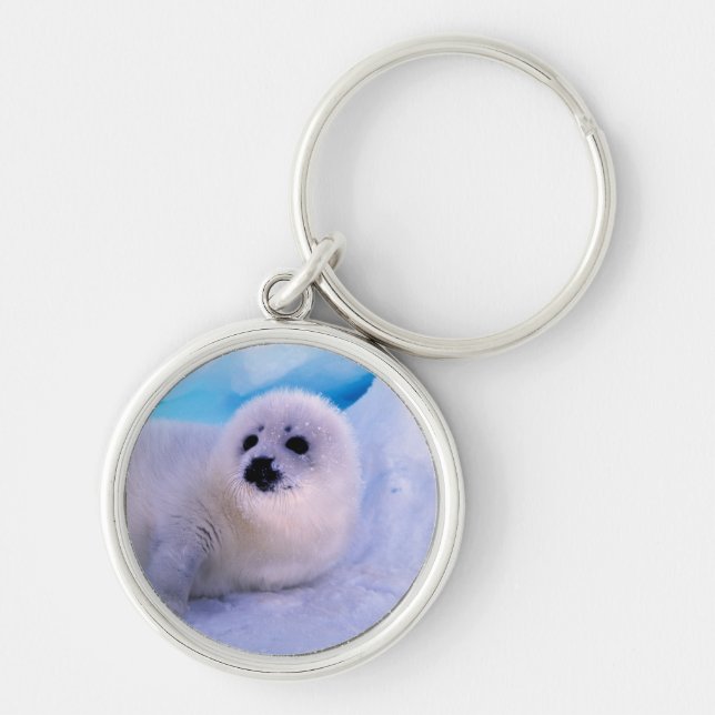 Little Harp Seal Pup Covered in Snowflakes Key Ring (Front)