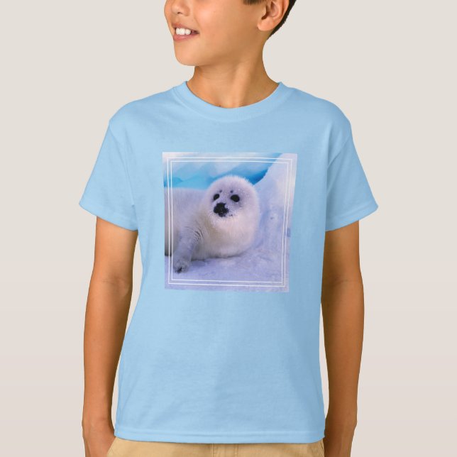 Little Harp Seal Pup Covered in Snowflakes T-Shirt (Front)