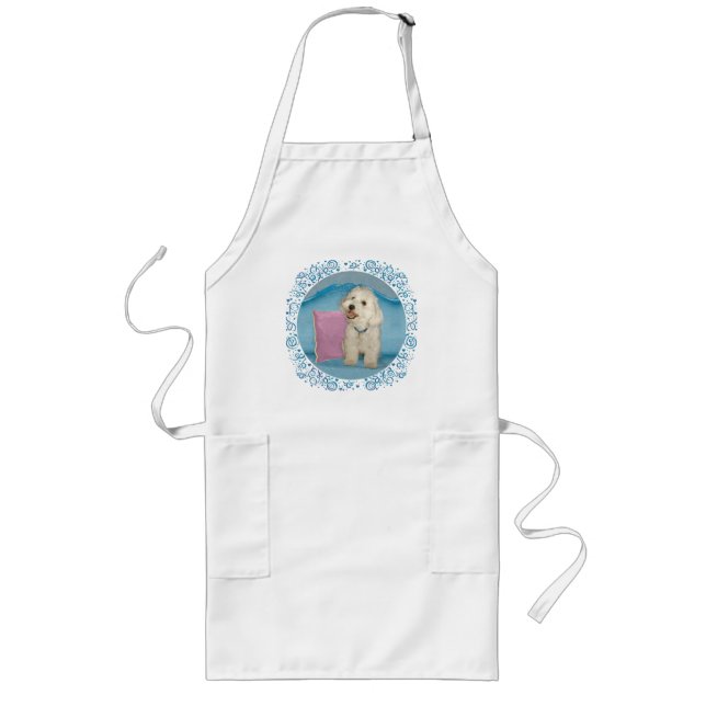 Little Havanese on Turquoise Sofa Long Apron (Front)